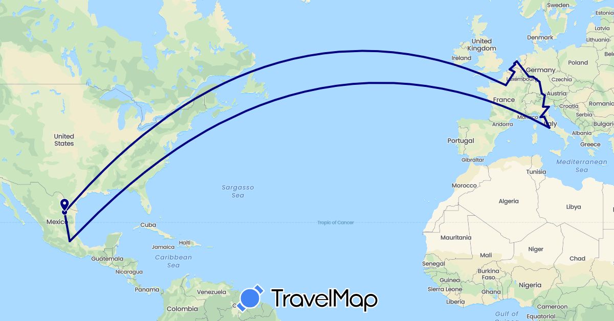 TravelMap itinerary: driving in Austria, Belgium, Germany, France, Italy, Mexico, Netherlands (Europe, North America)